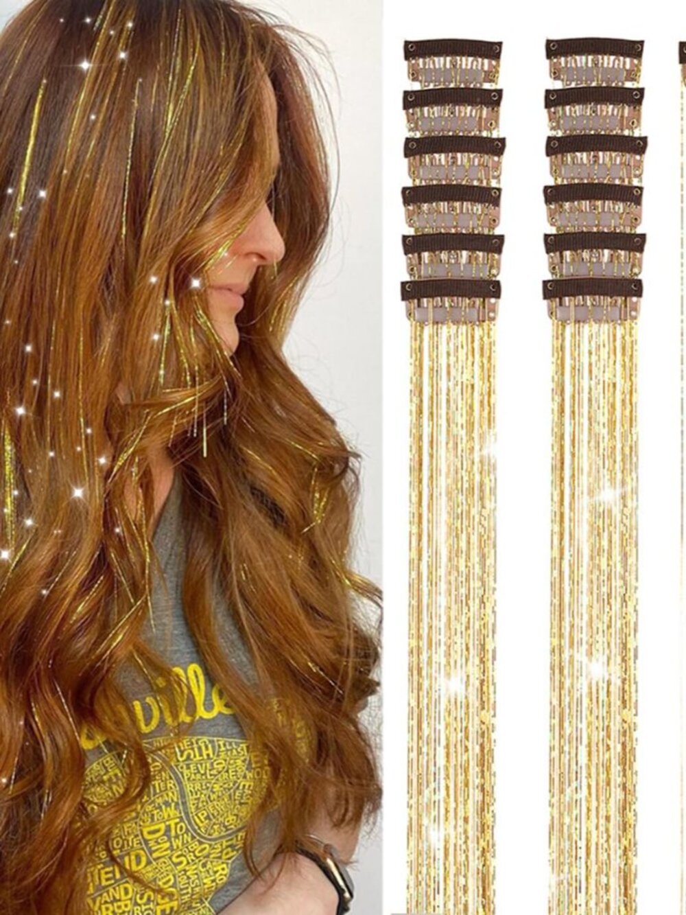 Gold Hair Tinsel Packs of 12Pcs Clip in Hair Tinsel Kit 20.5 inch Fairy Hair Tin
